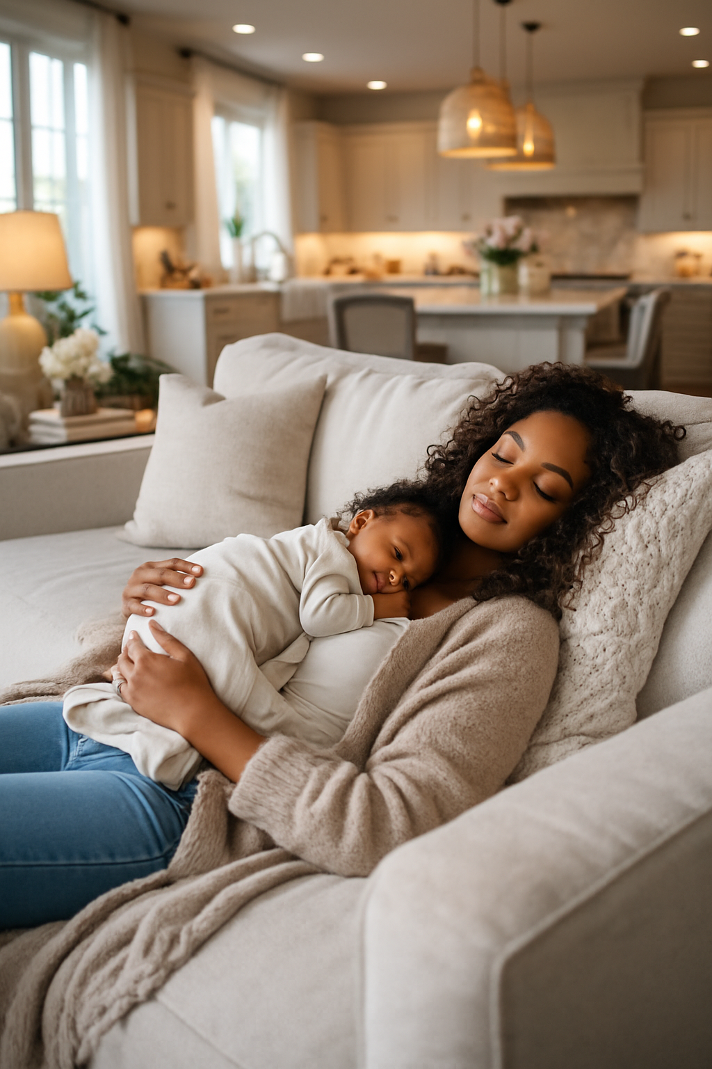 Mother and Newborn lying on couch